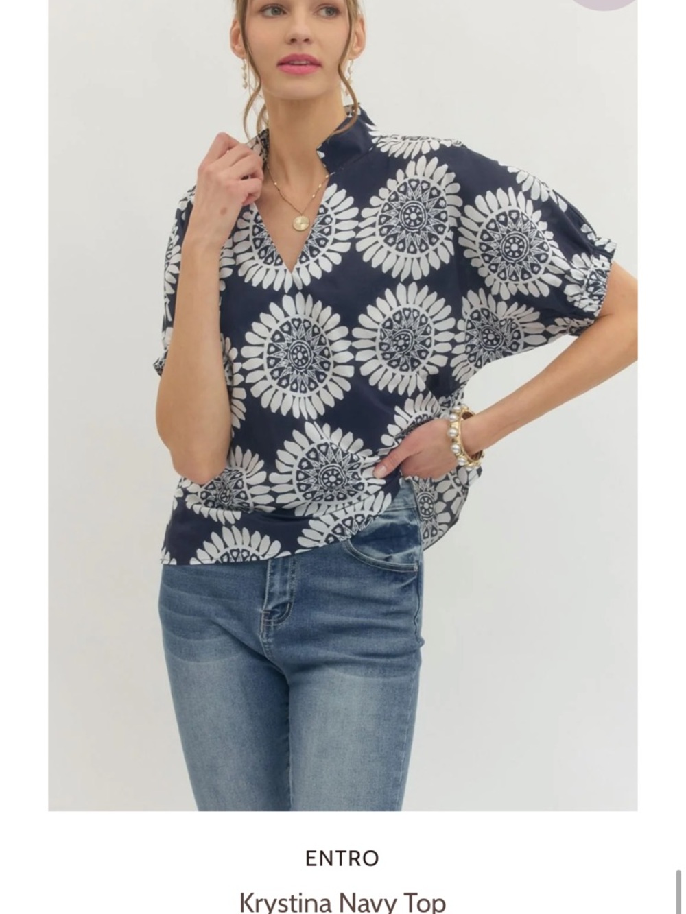 entro Navy Floral Medallion V-Neck Blouse